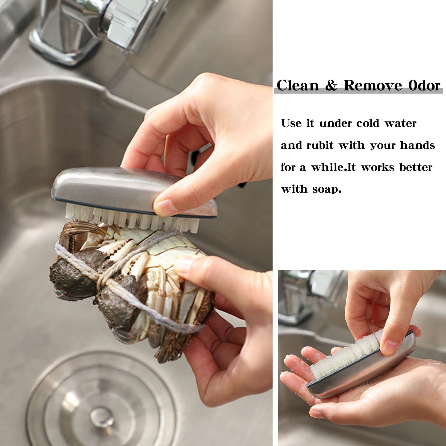 Beomeen hand and toe cleaning brush set placed beside a kitchen basin.