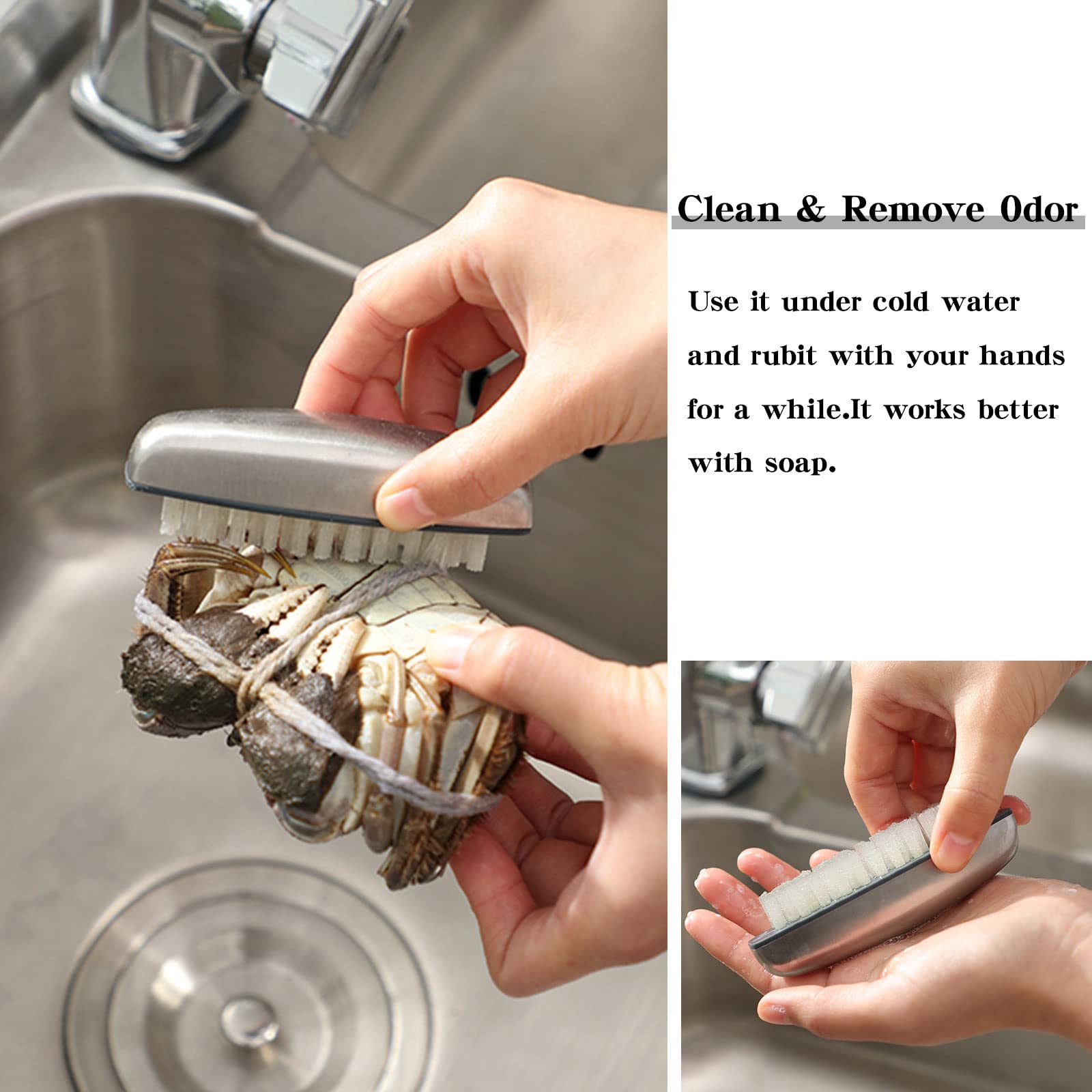 Beomeen hand and toe cleaning brush set placed beside a kitchen basin.