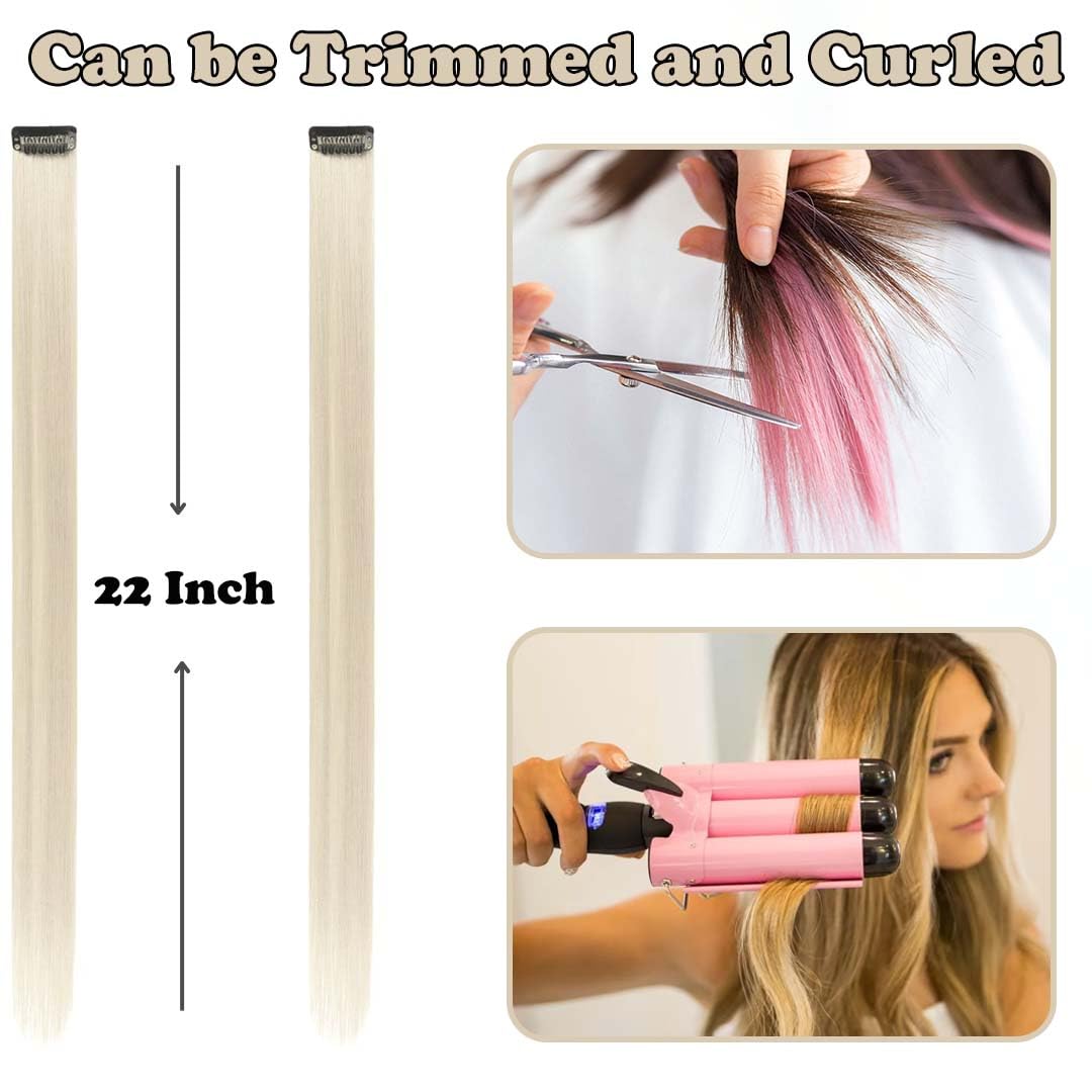 Premium straight blonde clip in highlight extensions spread out in a set of twelve