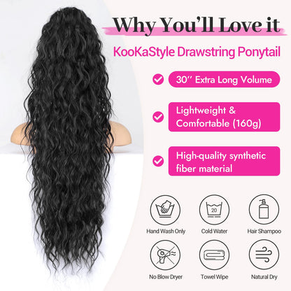 Model showcasing the high volume Black 1B variant of the KooKaStyle drawstring ponytail