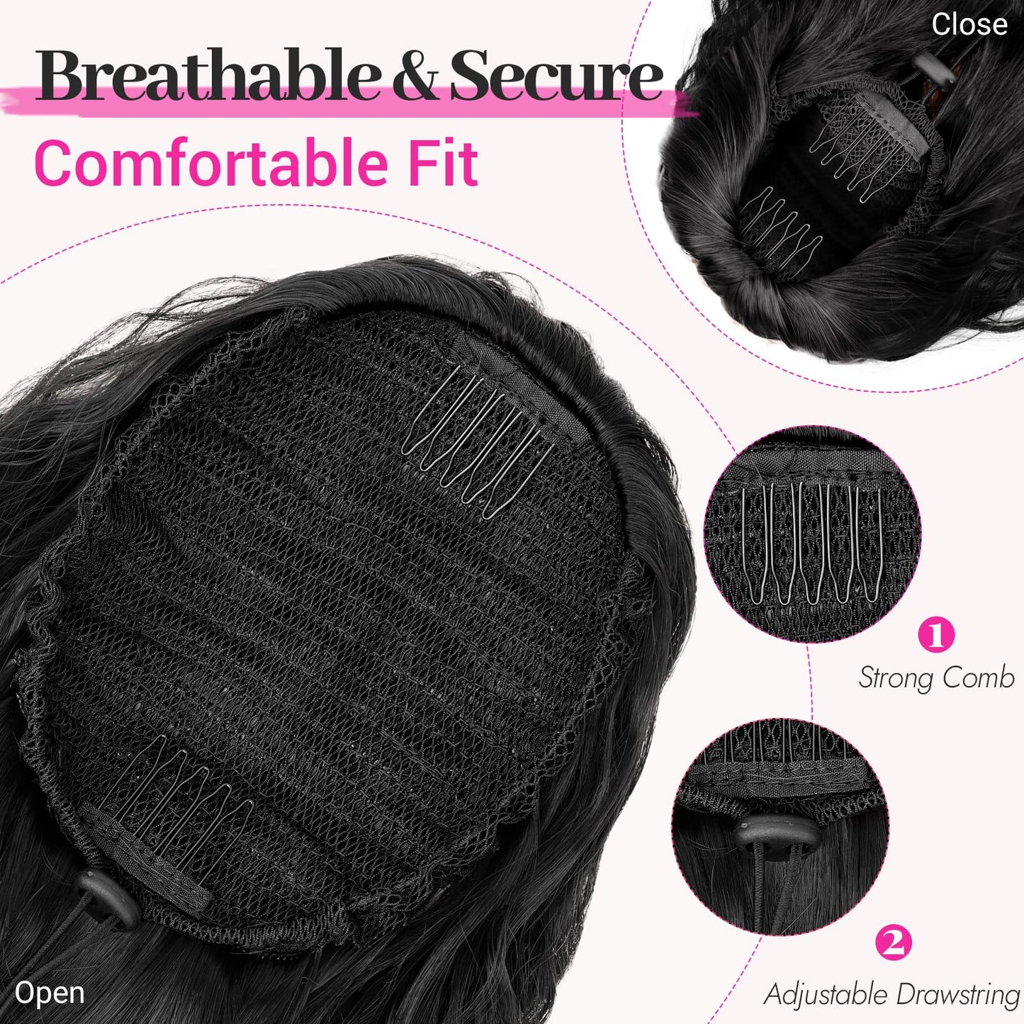 Step by step application visual for the 30 inch synthetic curly ponytail extension