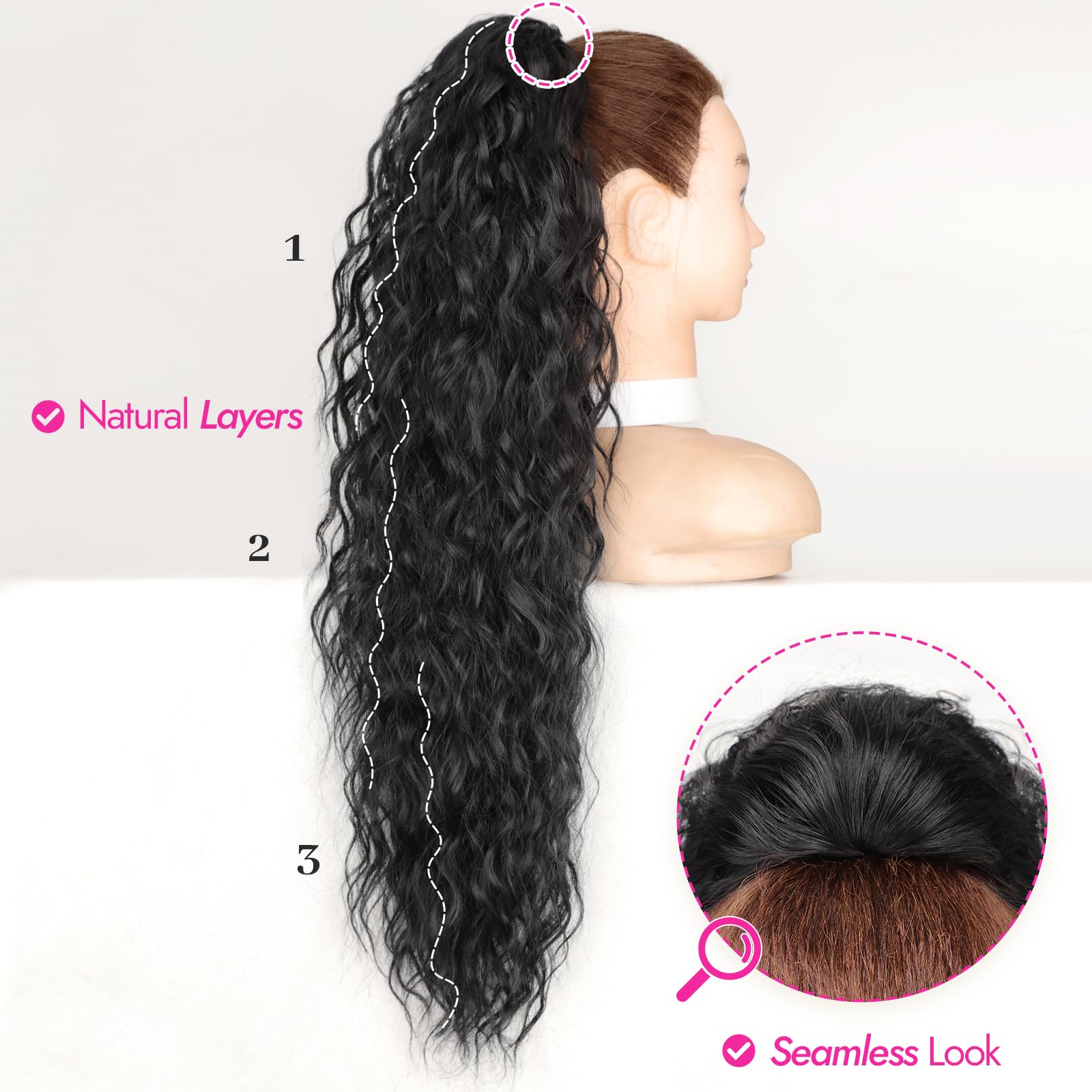 Side profile view of a woman wearing the secure 30 inch long curly drawstring extension
