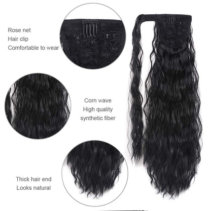 Back view of a woman wearing the YEAME synthetic hairpiece displaying full volume corn waves.
