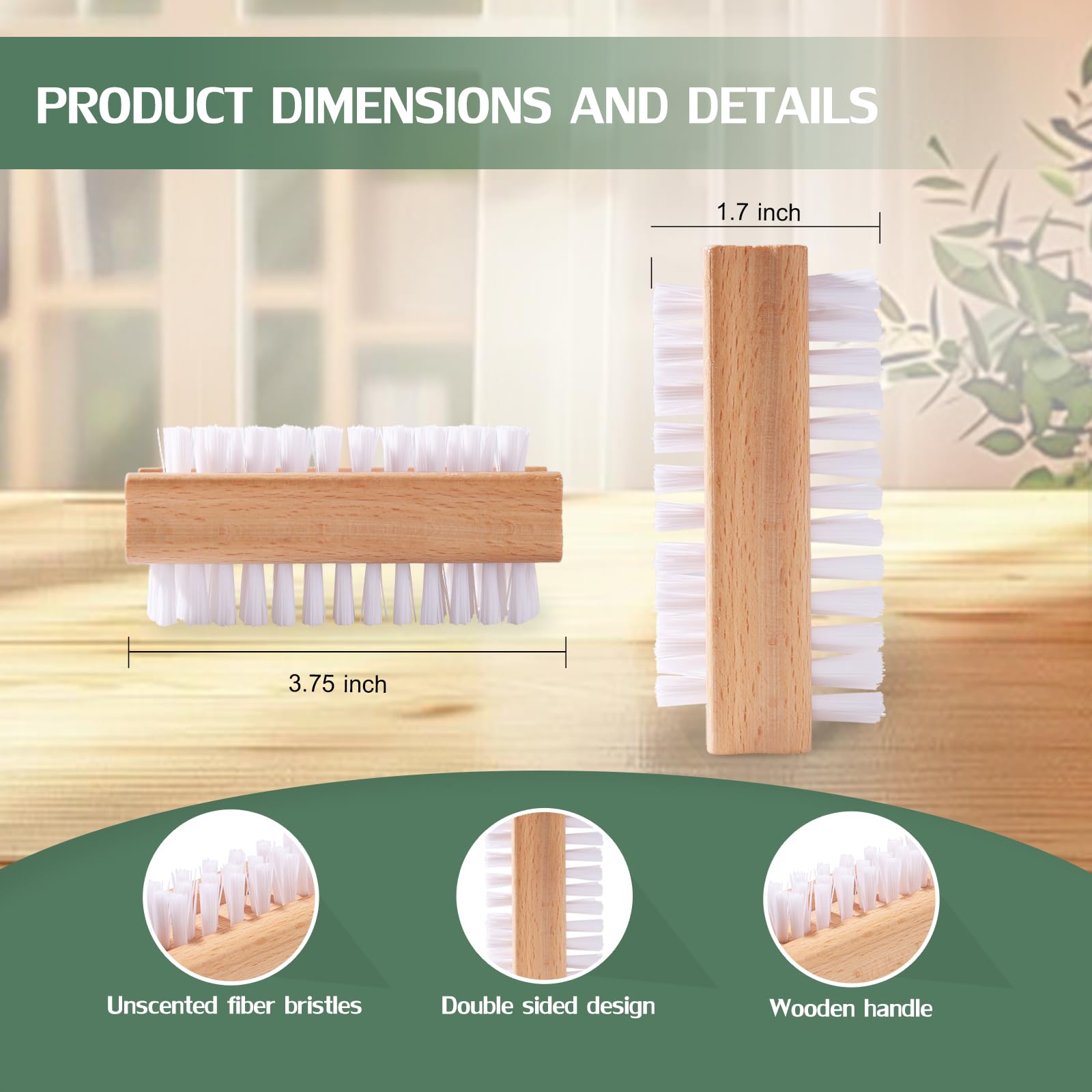 Four piece wooden fingernail cleaning brushes arranged on a clean white background