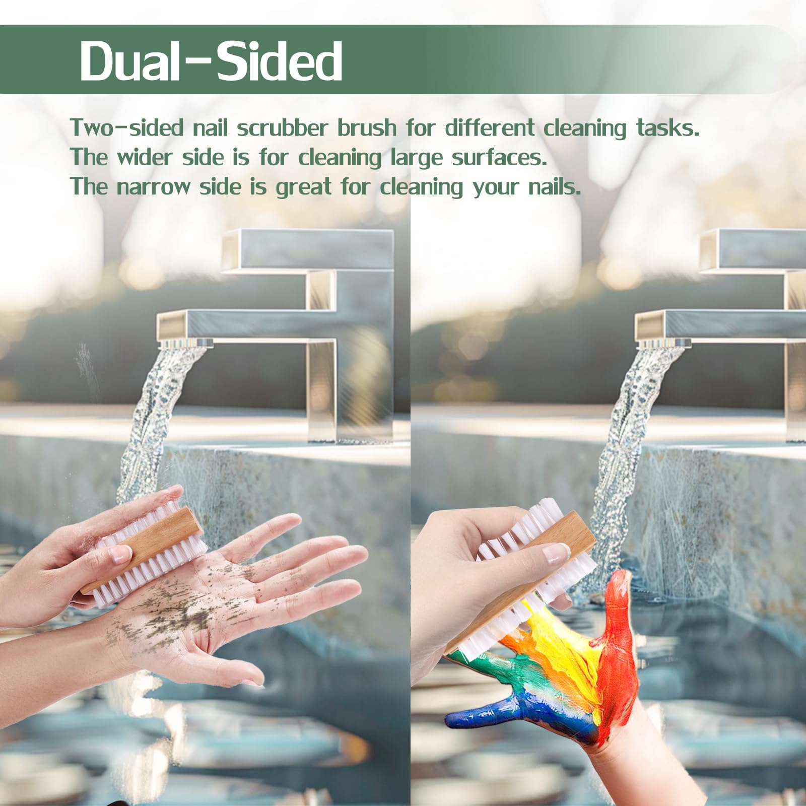 Ergonomic molded wooden handle of the hand care cleaning tool displaying non slip design