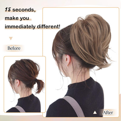 BARSDAR straight ready made hairpiece being wrapped around a natural hair ponytail base