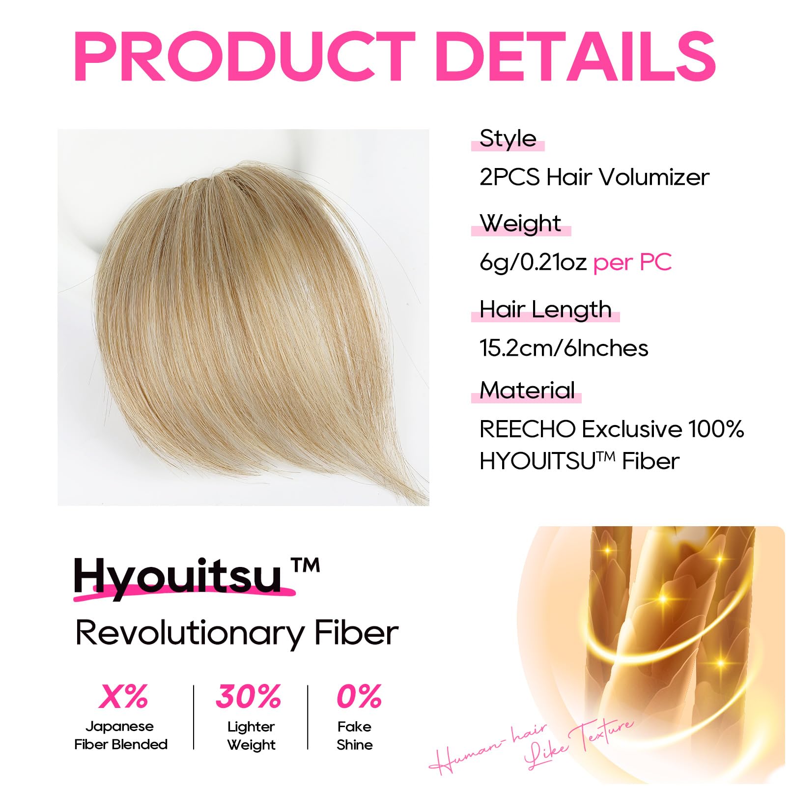 Two pieces of six inch REECHO short thick hairpieces for adding volume.