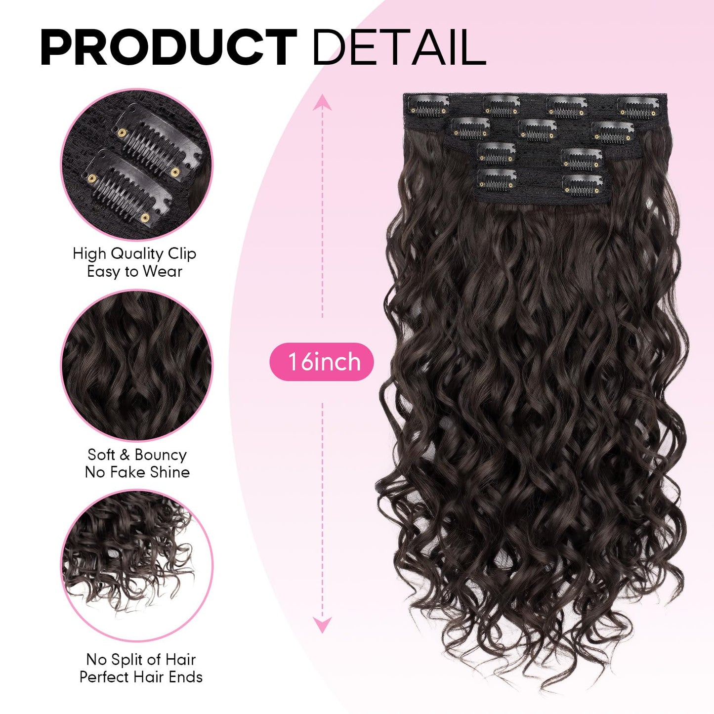 Full set view of the REECHO dark brown curly hair extensions for women
