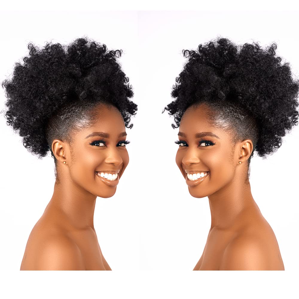 Side profile of the off-black synthetic hairpiece demonstrating natural volume and curl structure.