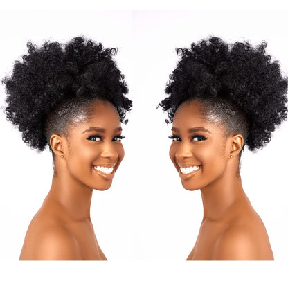 Side profile of the off-black synthetic hairpiece demonstrating natural volume and curl structure.
