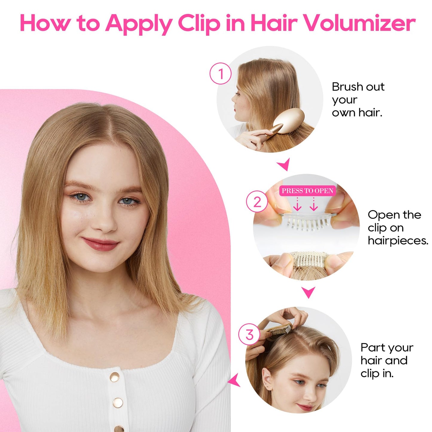 Medium blonde clip in hair volumizer for women with fine hair.