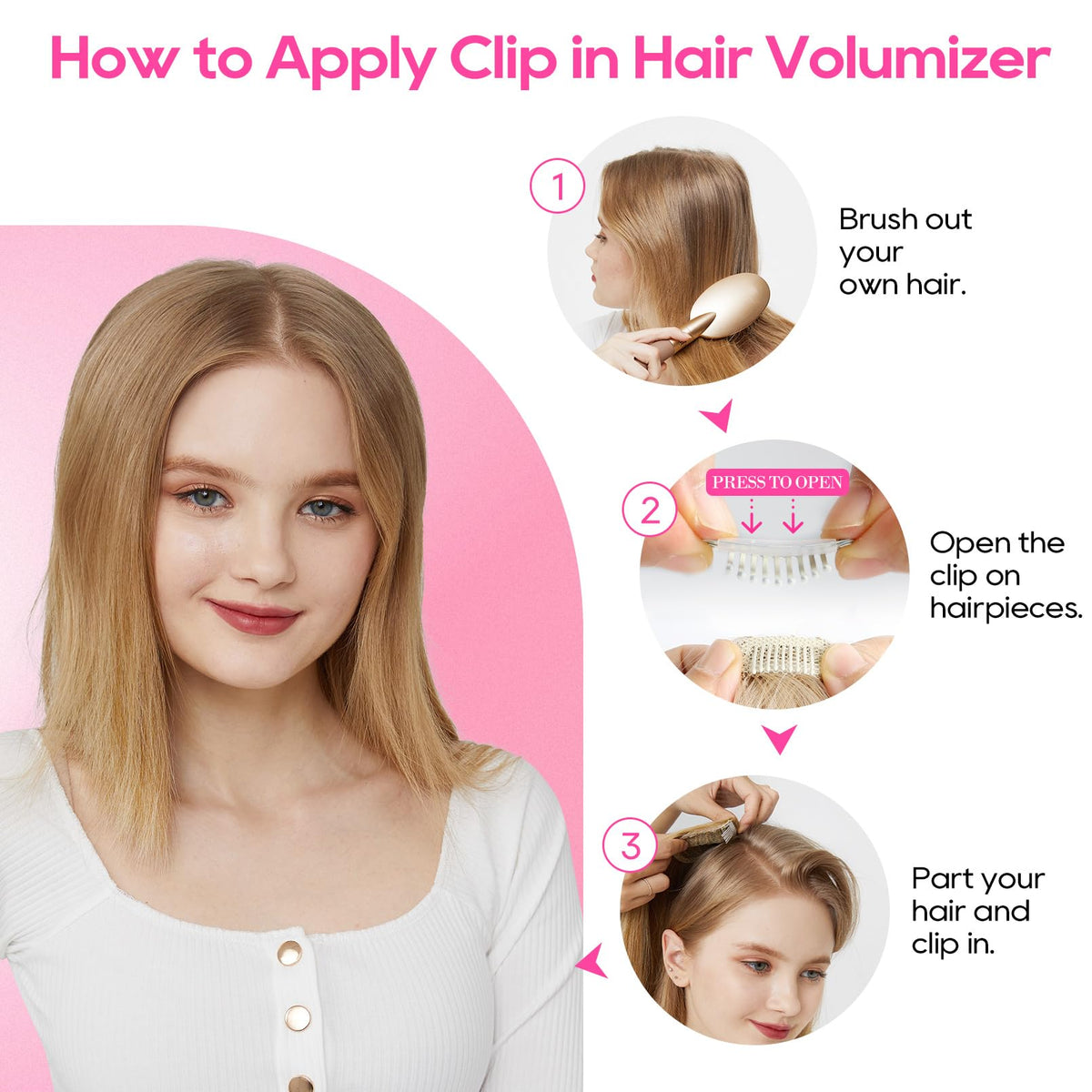 Medium blonde clip in hair volumizer for women with fine hair.
