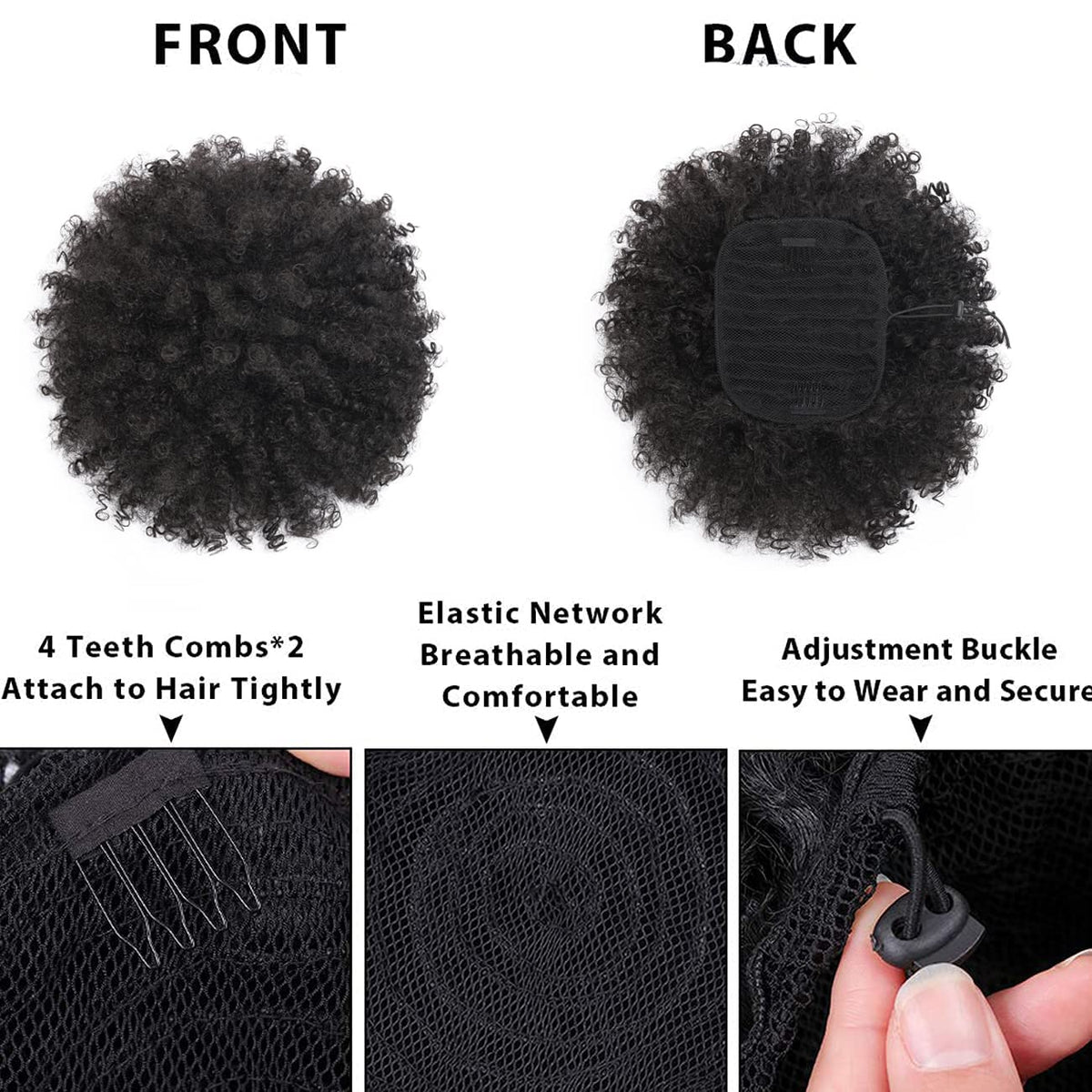 Close-up of the adjustable drawstring mechanism on the premium synthetic kinky curly puff.