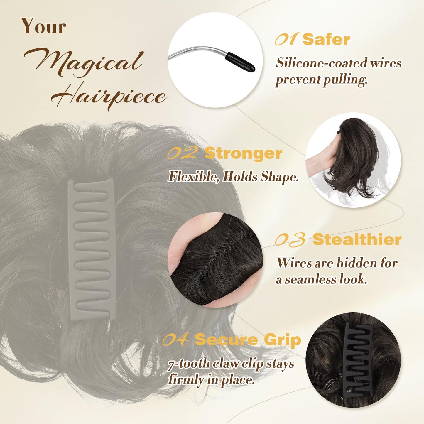 FESHFEN synthetic straight ponytail extension with customizable bendable metals structure.