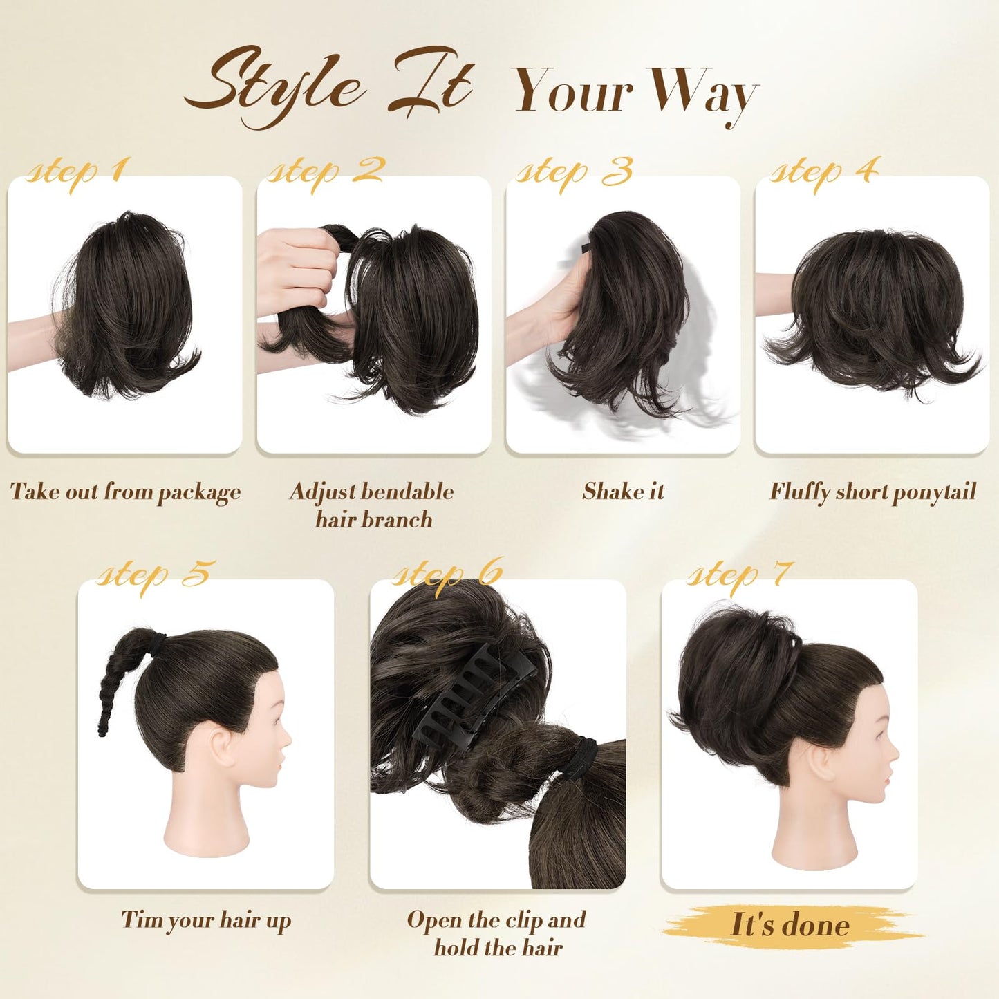 FESHFEN fluffy tousled updo hair extension in black gray color blend.
