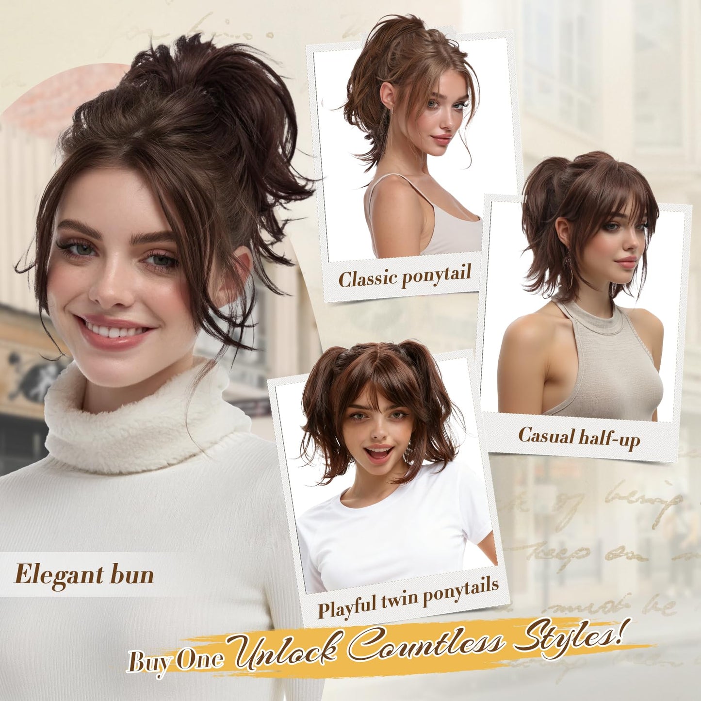 FESHFEN DIY flexible wire short ponytail showing realistic fiber texture close up.