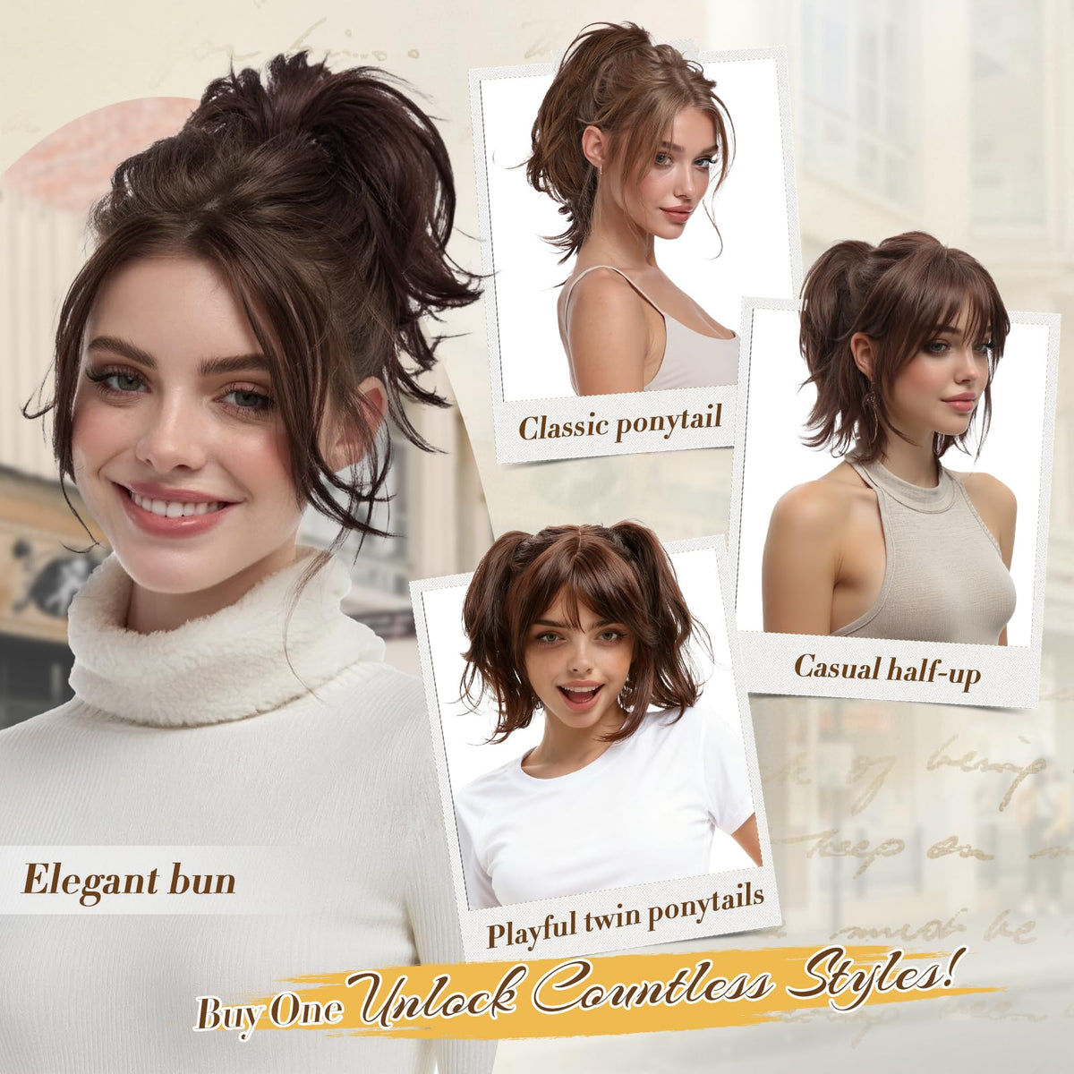 FESHFEN DIY flexible wire short ponytail showing realistic fiber texture close up.