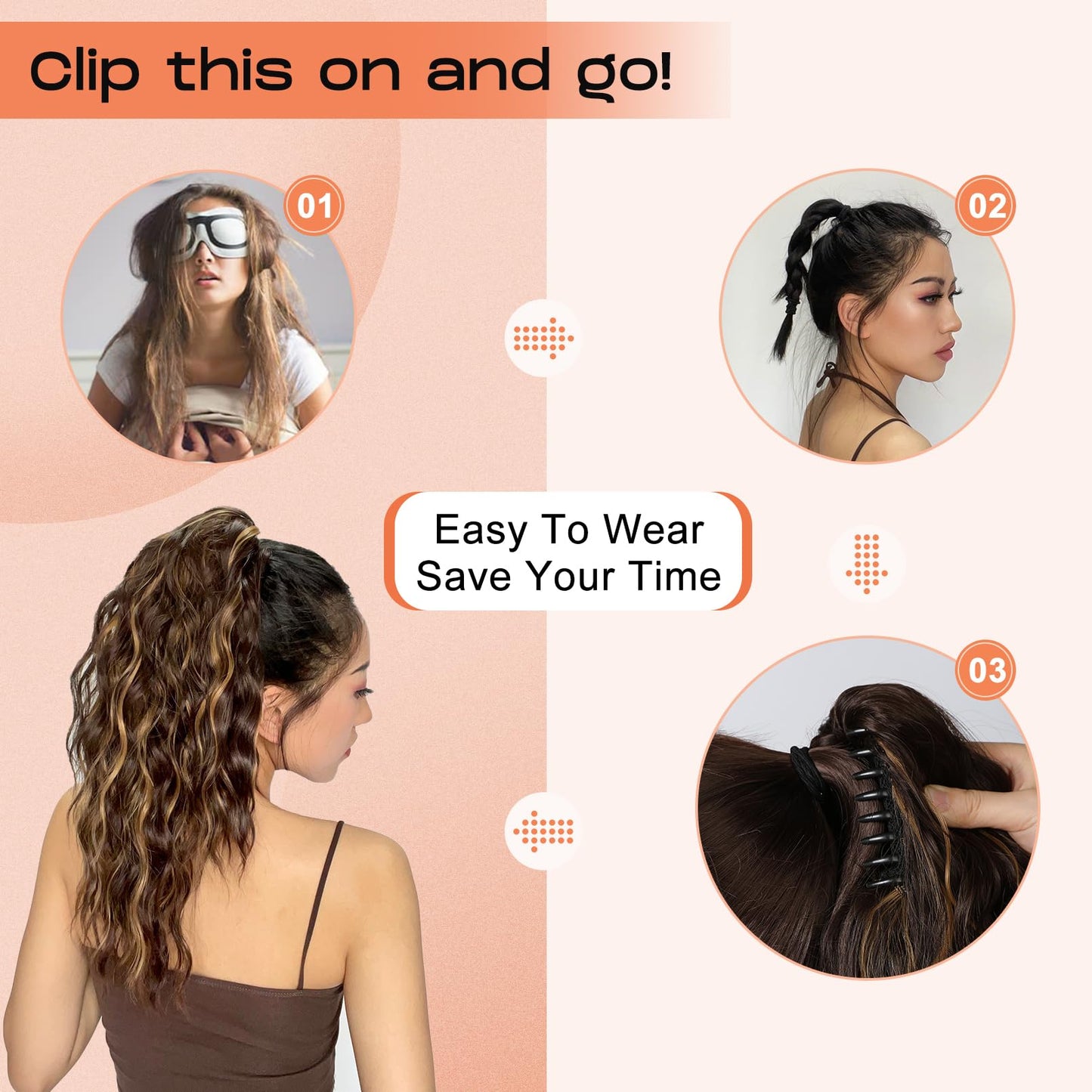 Side angle view of PT002 Tia multi layered hair wavy curly fluffy thick jaw clip extension attached securely