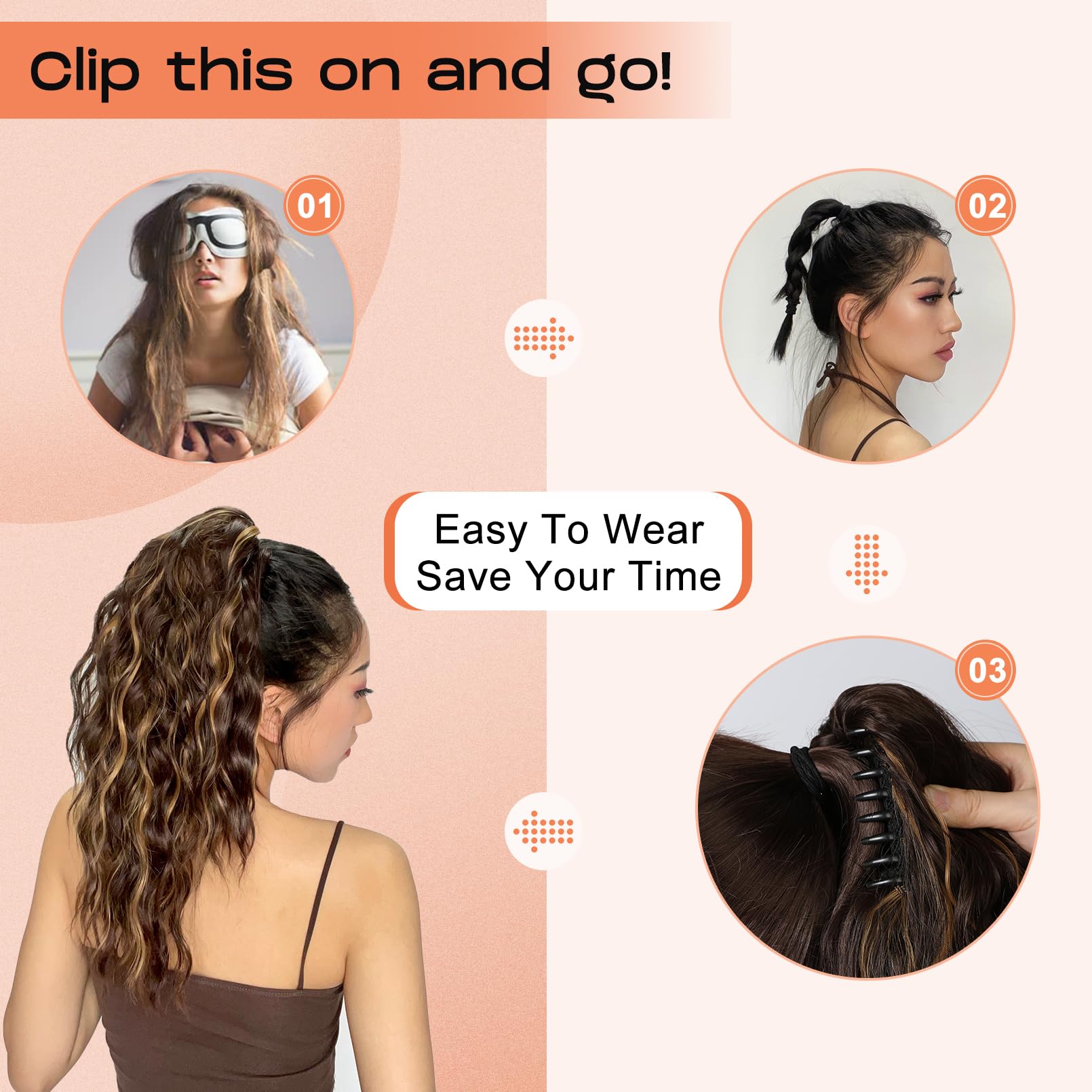 Side angle view of PT002 Tia multi layered hair wavy curly fluffy thick jaw clip extension attached securely
