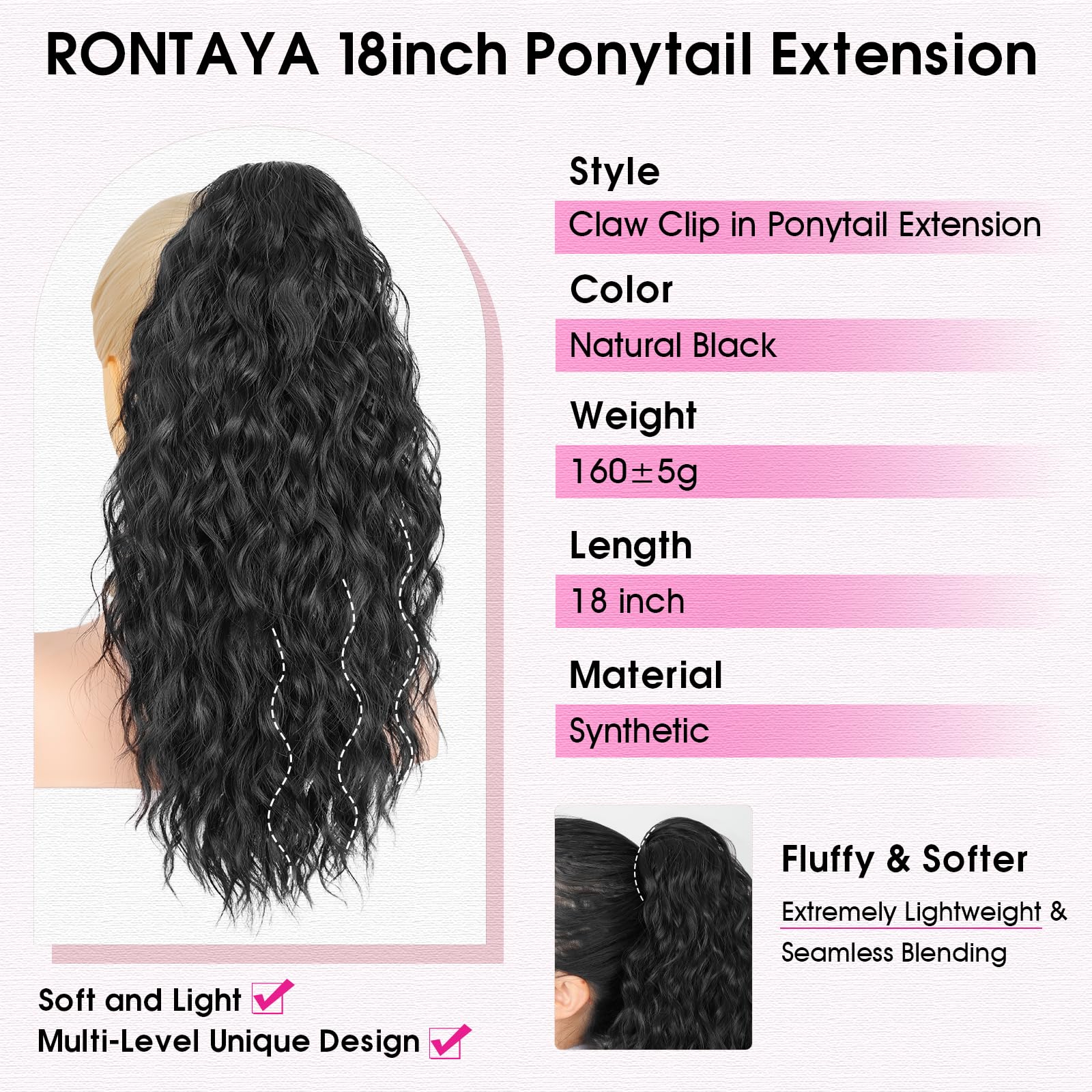 Close up view of the secure jaw clip mechanism on the RONTAYA black hairpiece.