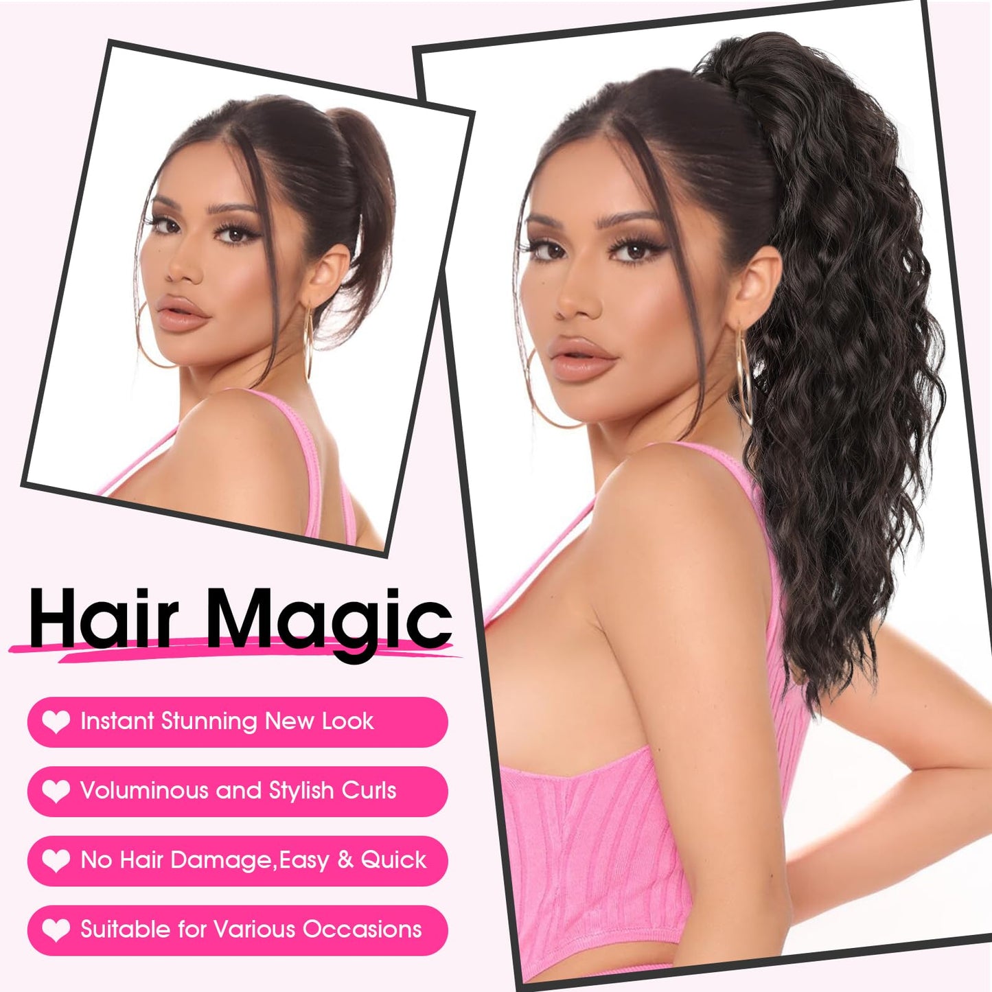 Step by step application guide for the 18-inch wavy ponytail extension.