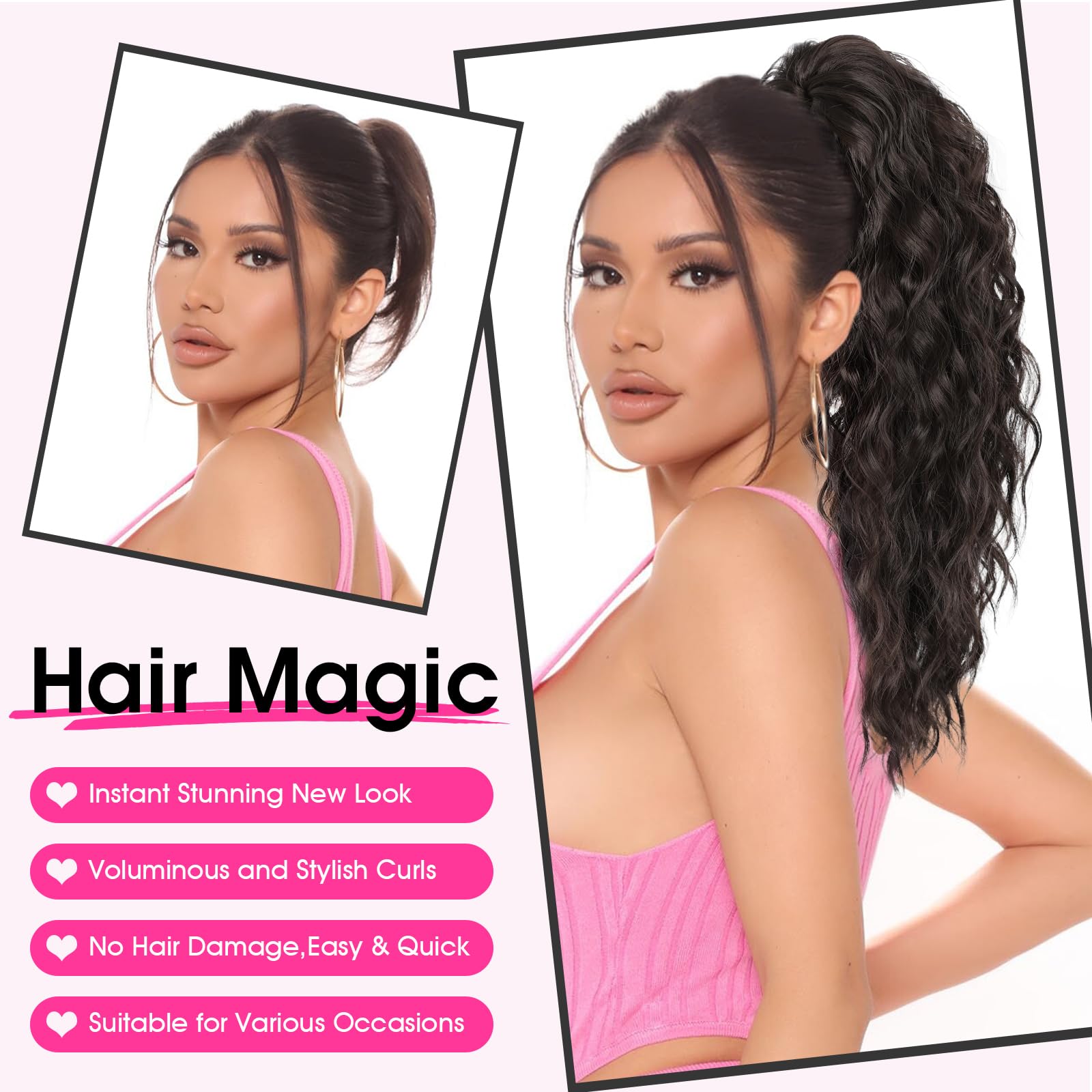 Step by step application guide for the 18-inch wavy ponytail extension.
