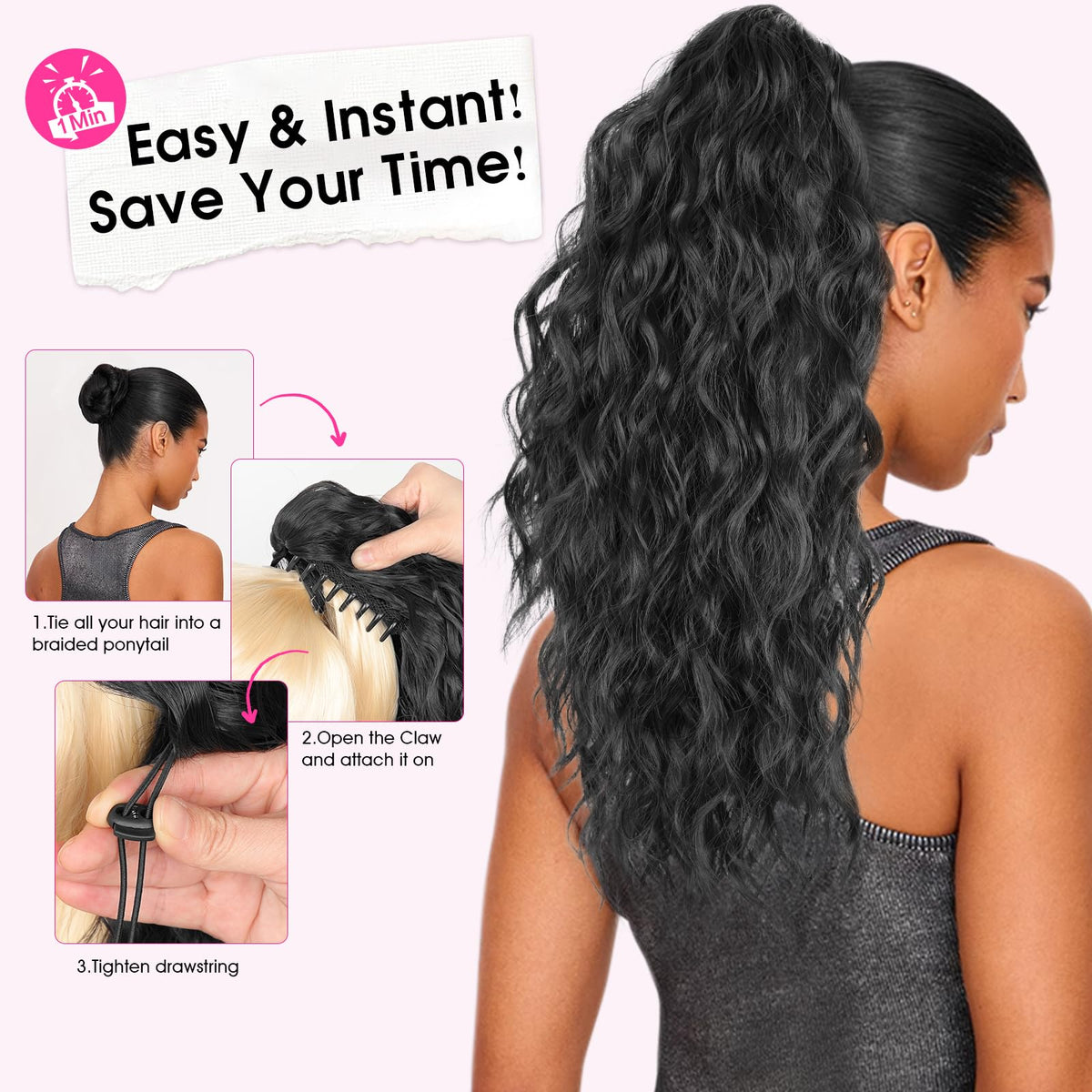 Premium heat-resistant synthetic fibers of the RONTAYA black hair extension.