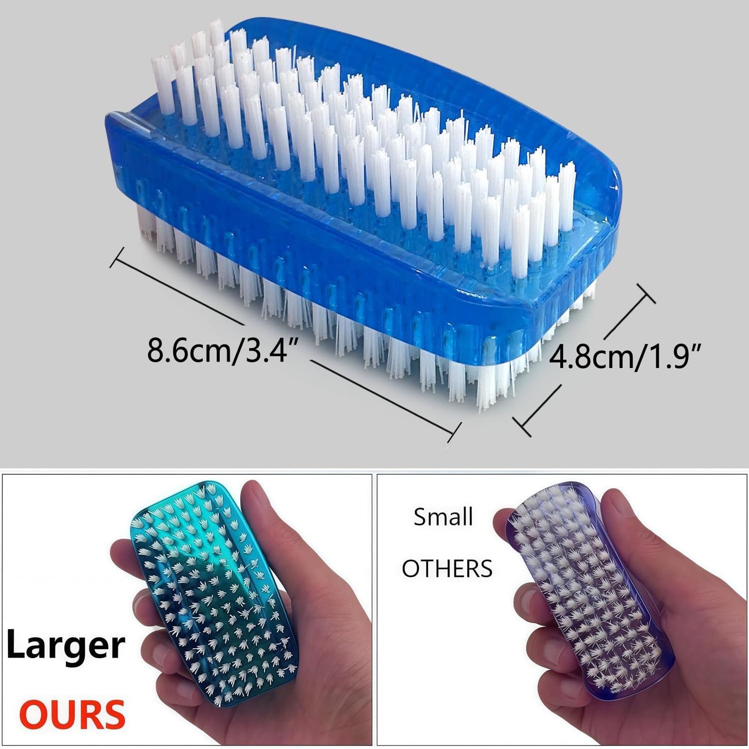 Close up view of the narrow stiff nylon bristles designed for cleaning deep under fingernails.