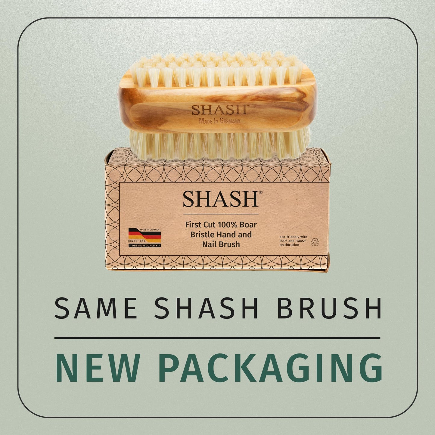SHASH premium olive wood nail scrubber showing the ergonomic curved handle grip design