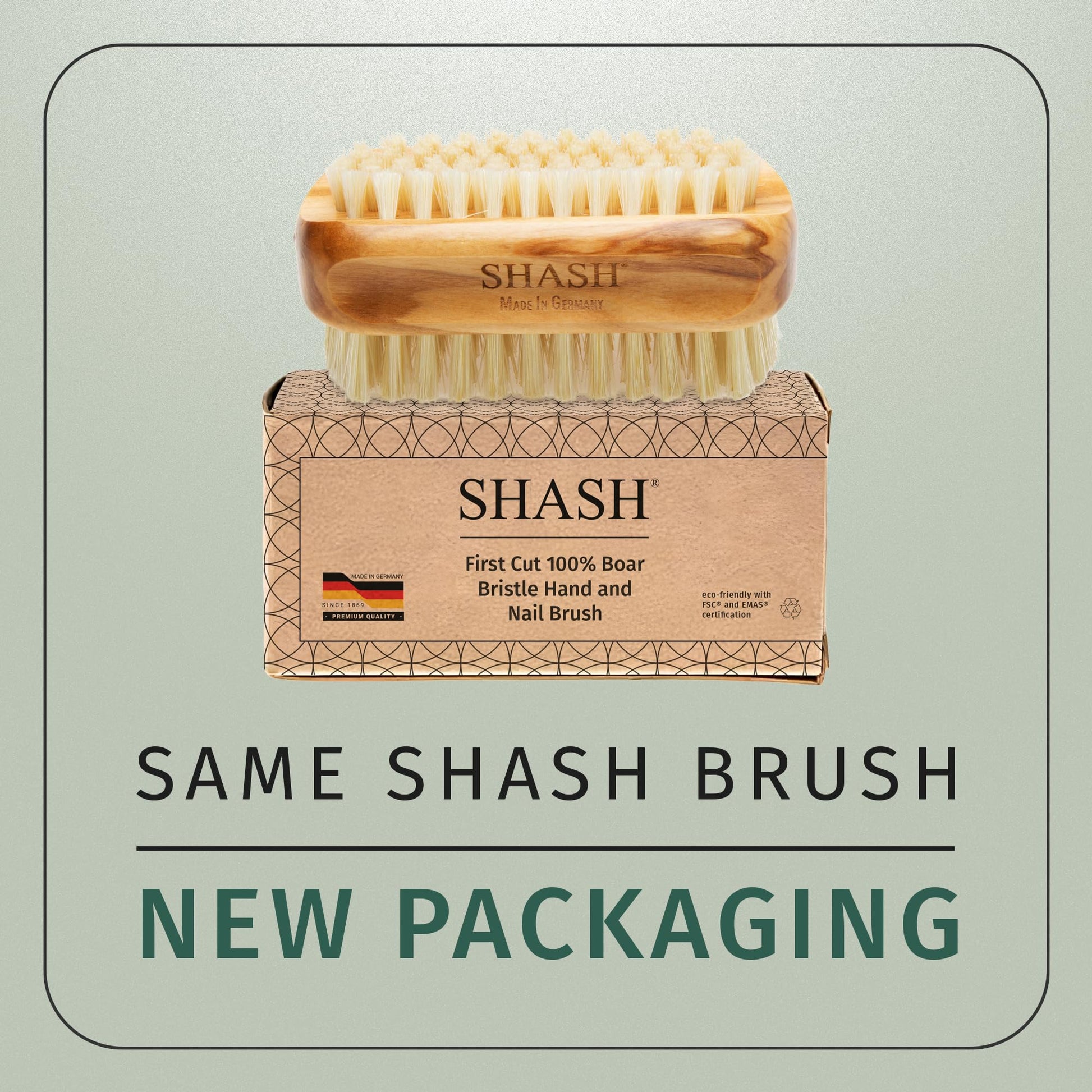 SHASH premium olive wood nail scrubber showing the ergonomic curved handle grip design