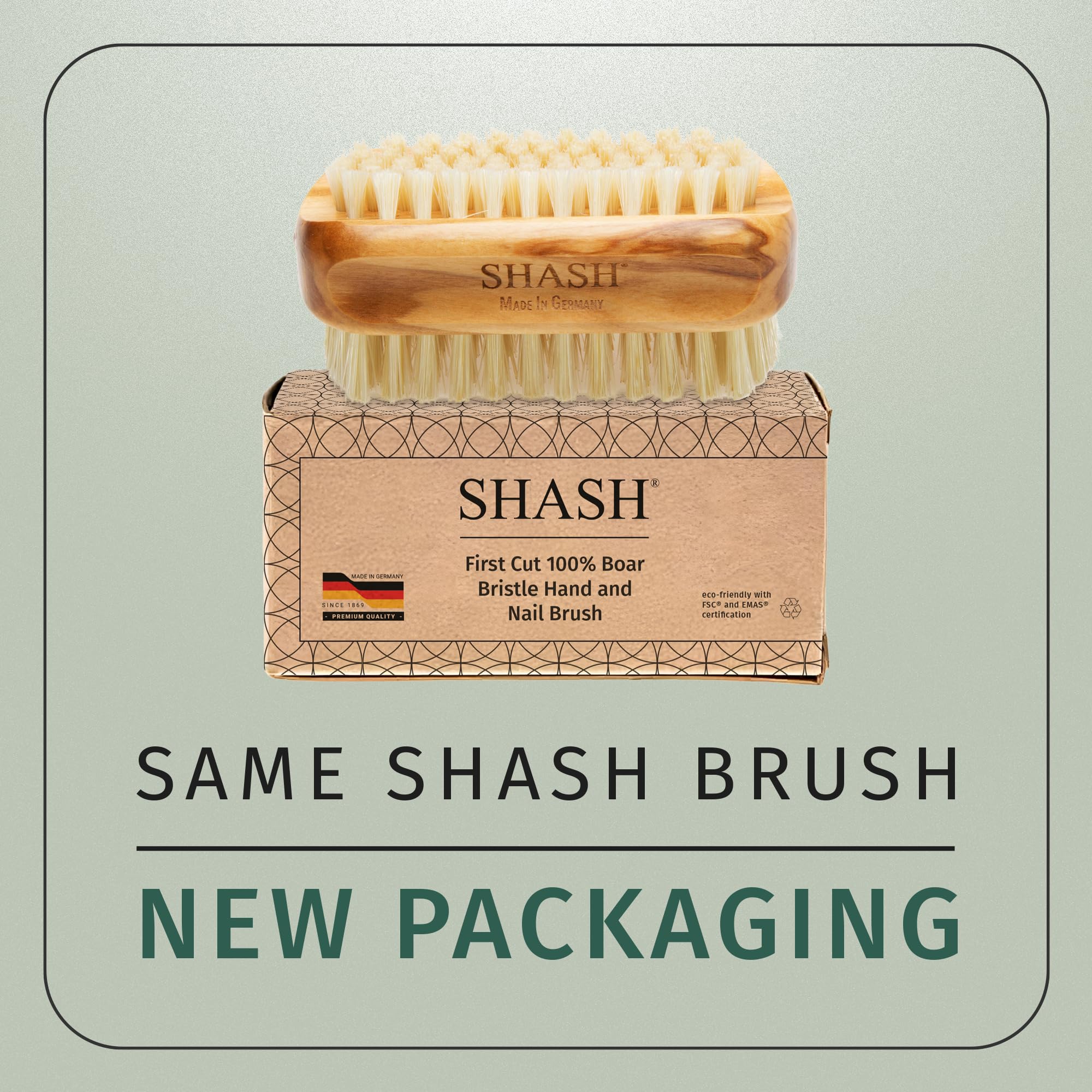 SHASH premium olive wood nail scrubber showing the ergonomic curved handle grip design