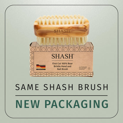 SHASH premium olive wood nail scrubber showing the ergonomic curved handle grip design