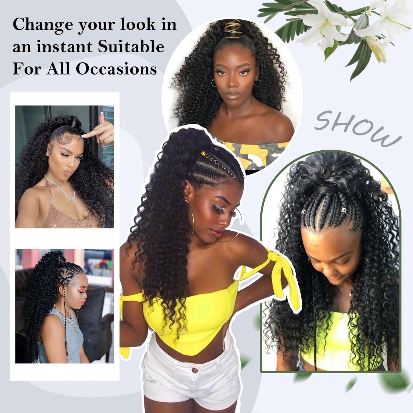 Premium black women hairpiece styled into a voluminous high ponytail