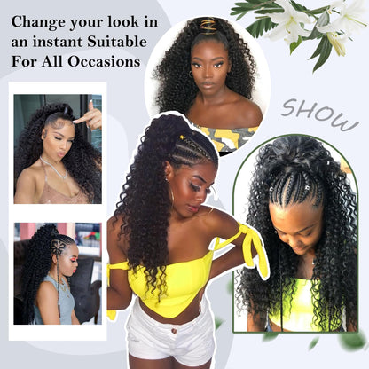 Premium black women hairpiece styled into a voluminous high ponytail