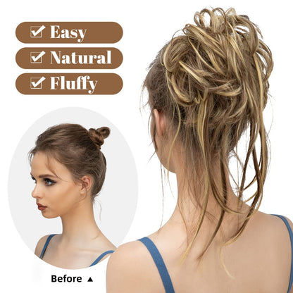 Close up view of the Brunette and Butter Blonde highlighted synthetic hair scrunchies showing texture.