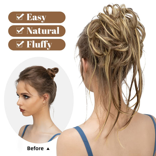 Close up view of the Brunette and Butter Blonde highlighted synthetic hair scrunchies showing texture.