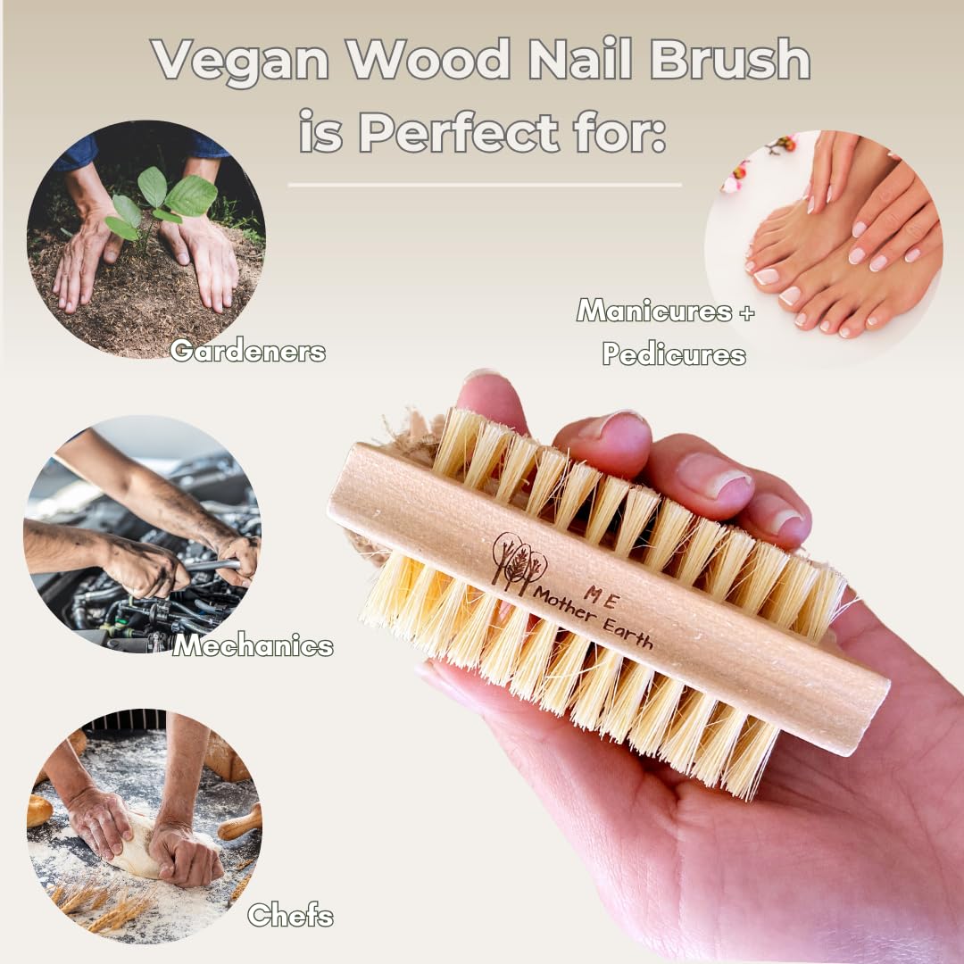 Two pack of ME MOTHER EARTH eco friendly hand scrub brushes arranged neatly on a bathroom shelf