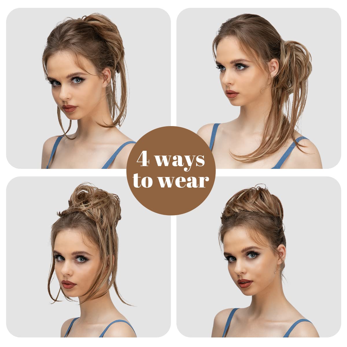Back view of the messy bun hair extension illustrating the adjustable elastic rubber band design.