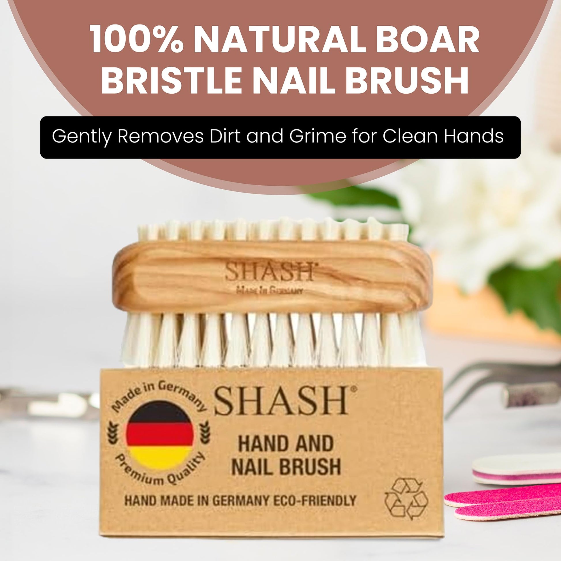 Premium German crafted SHASH wooden nail brush angled view for hand hygiene routine