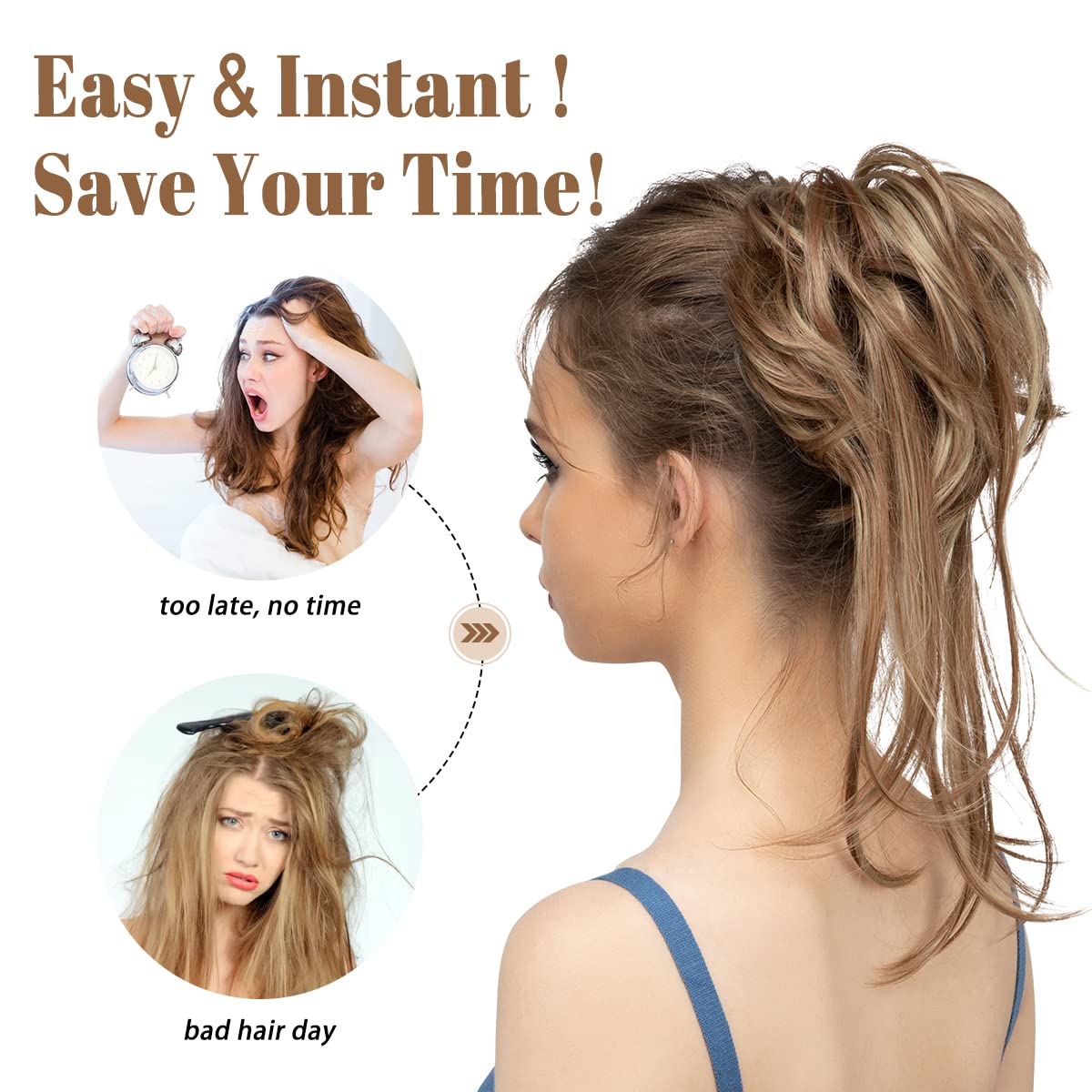 Lmoikesz curly hair bun ponytail hairpiece showing the detailed straight tails and multi tonal blend.