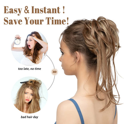 Lmoikesz curly hair bun ponytail hairpiece showing the detailed straight tails and multi tonal blend.