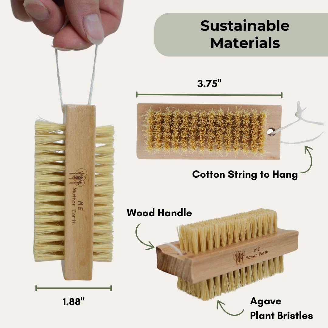 Authentic USA imported ME MOTHER EARTH vegan sisal bristle brush being held to showcase the non slip grip