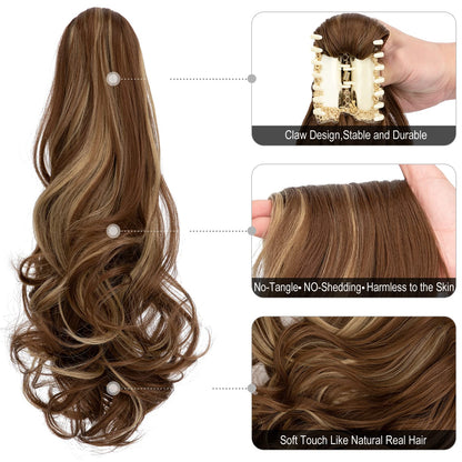 Mitrygreen 18 inch wavy ponytail extension in ash blonde and light brown mix highlighting the multi dimensional color.