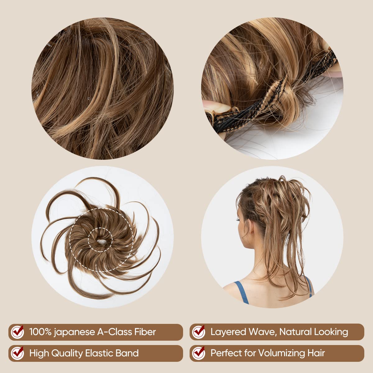 Premium Japanese synthetic chignon extension showcasing realistic hair shine and heat resistant fibers.