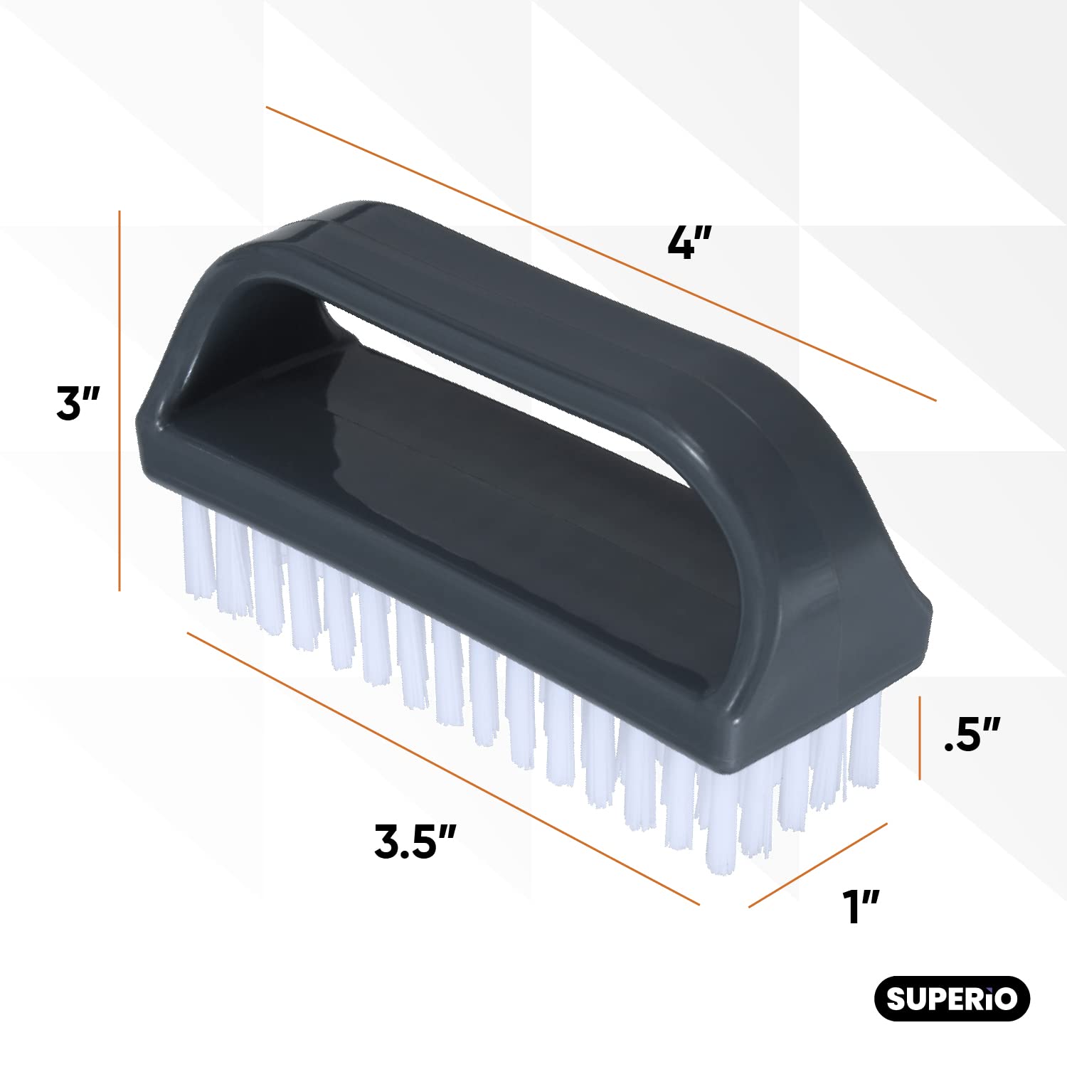 Three pieces of Superio fingernail scrub cleaning brushes arranged on a clean white surface