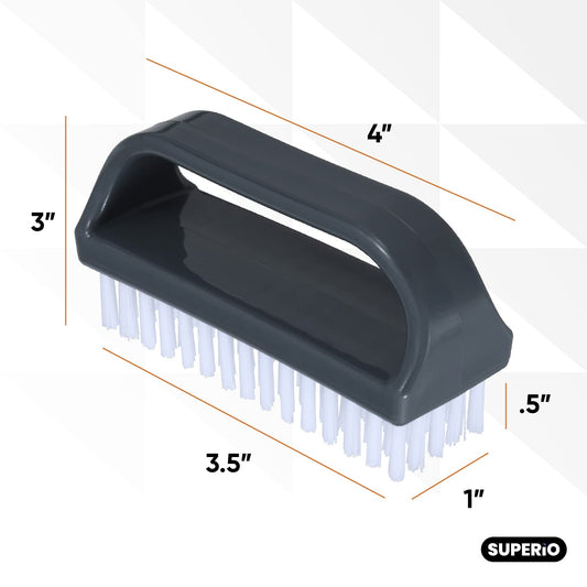 Three pieces of Superio fingernail scrub cleaning brushes arranged on a clean white surface
