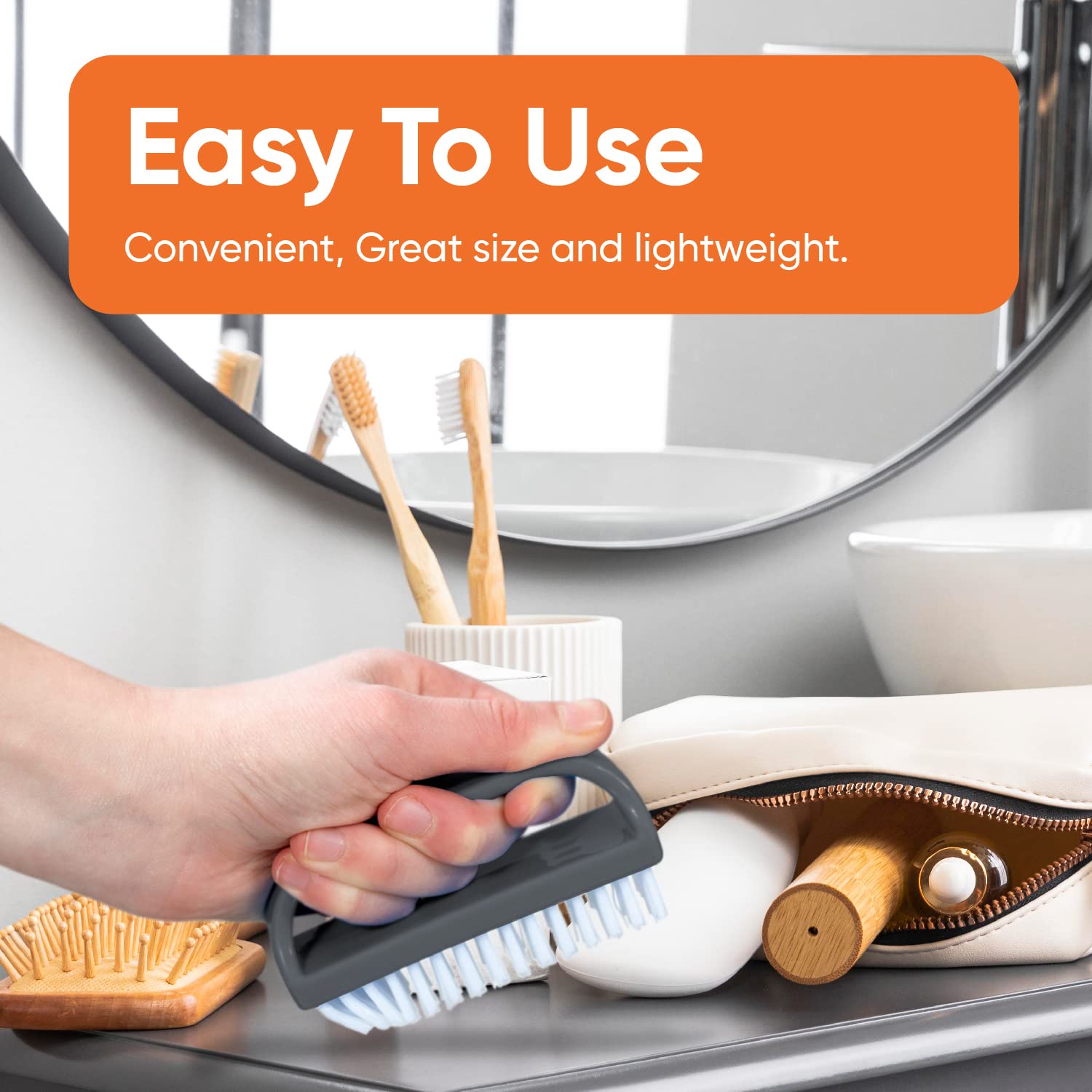 Side profile of the wide ergonomic handle grip of the Superio personal care brush