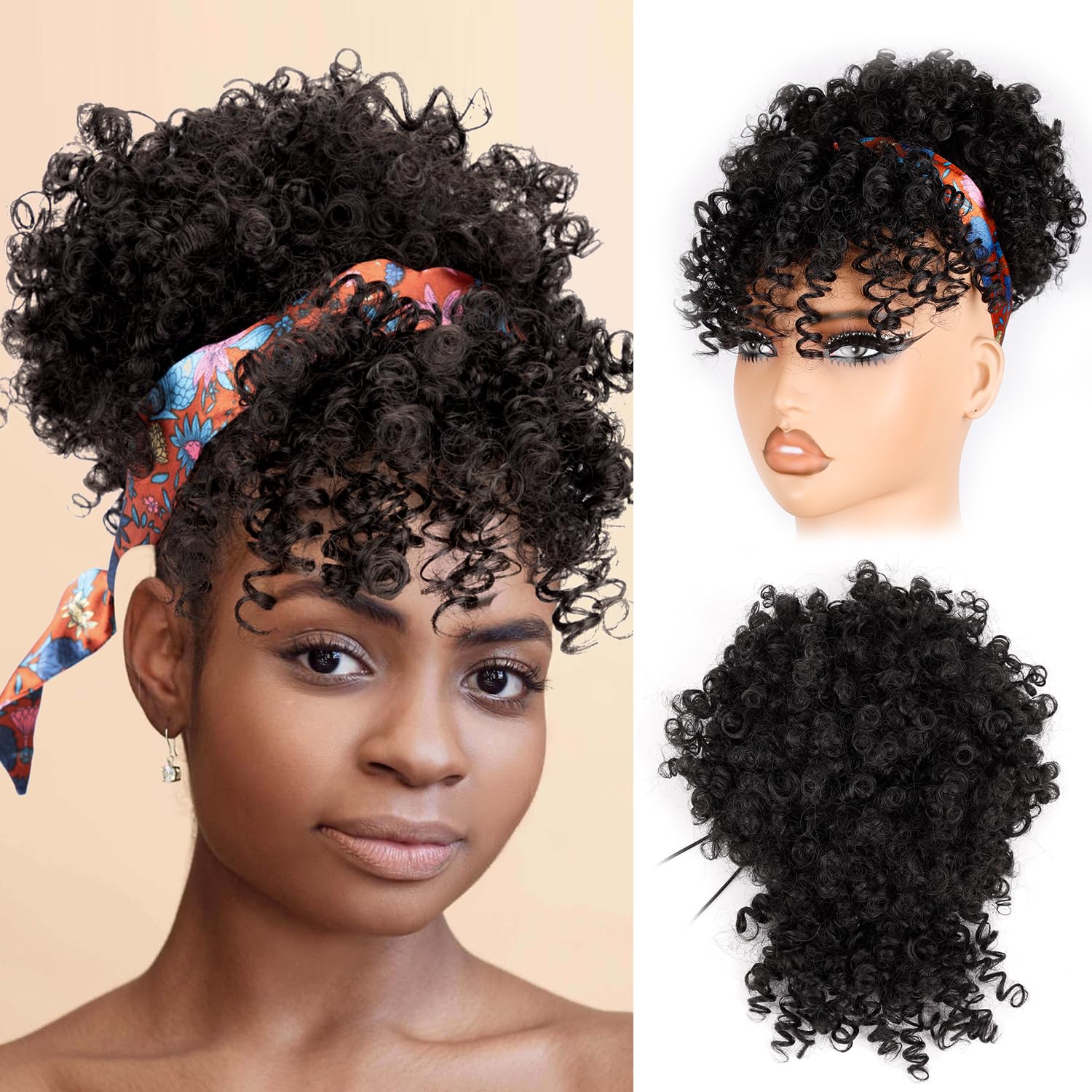 Side view of the Builson afro puff extension with integrated bangs.