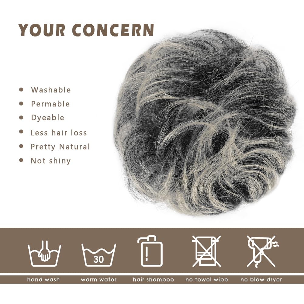 Gray hair bun extension on a model hairstyle back view