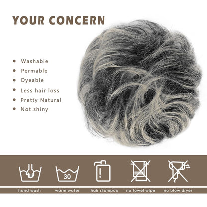 Gray hair bun extension on a model hairstyle back view